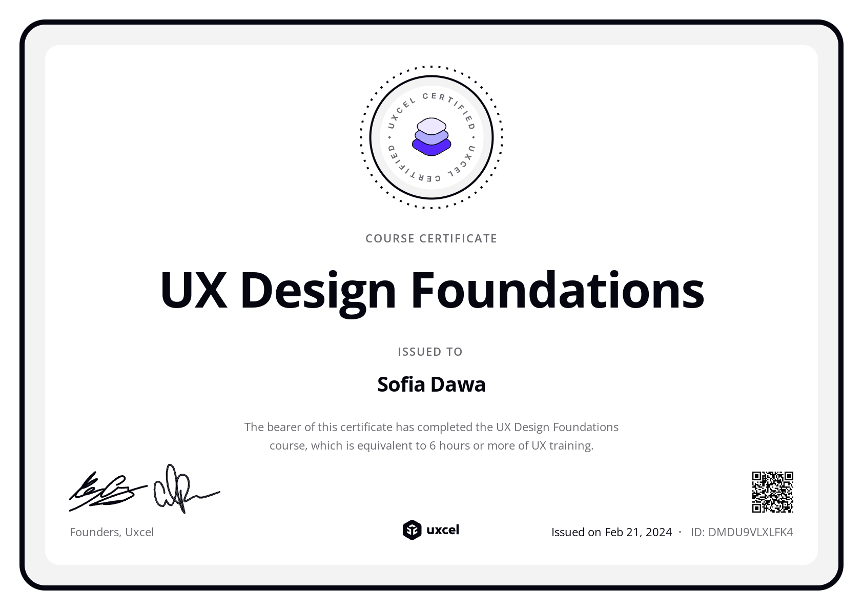Sofia Dawa's certificate